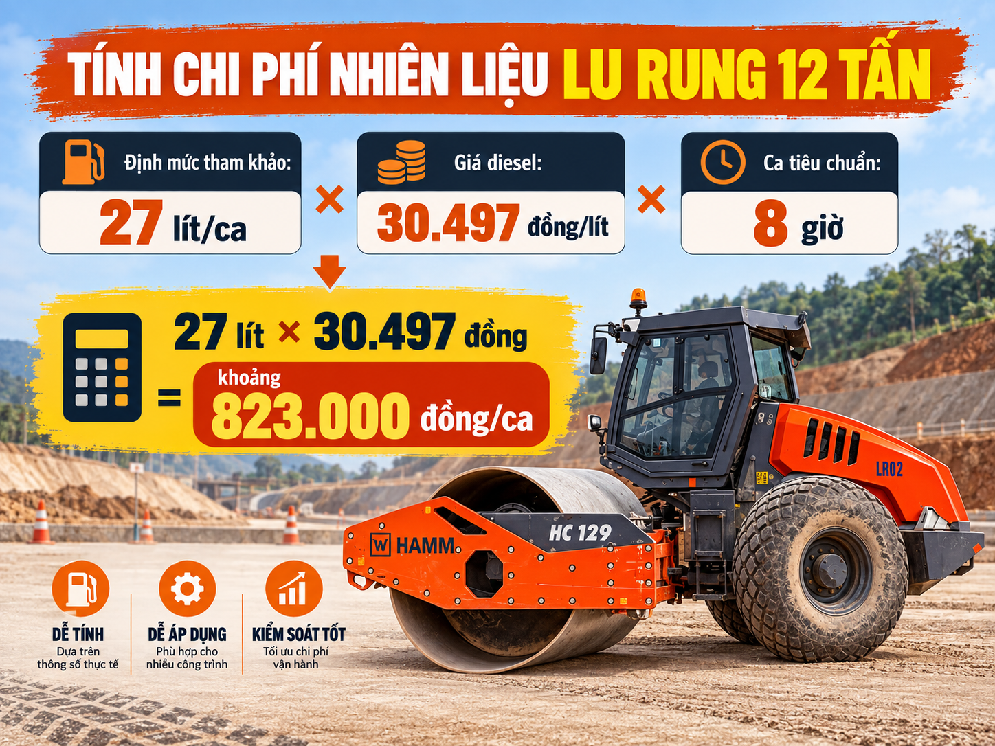 tính chi phí nhiên liệu lu rung 12 tấn một ca 8 giờ